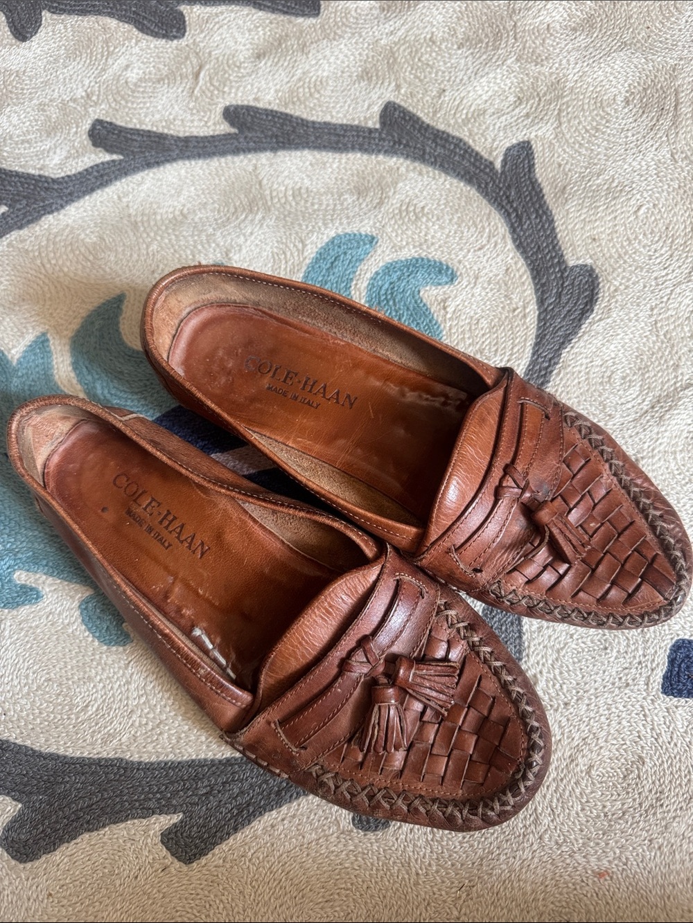 Vintage Cole Haan womens Brown Woven Leather Tassel Loafers